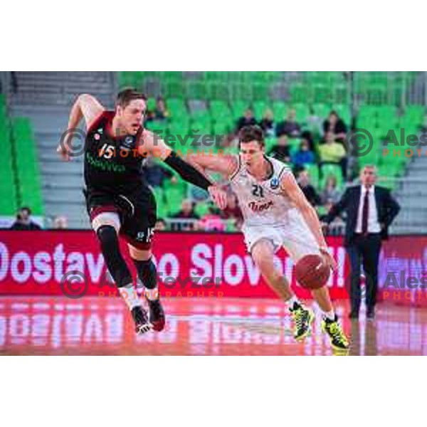 Blaz Mahkovic of Union Olimpija in action during basketball match of 3rd round of EuroCup - Last 32 in Season 2014/15 between KK Union Olimpija vs Bayern Muenchen, played in Arena Stozice, Ljubljana, Slovenia, on January 20, 2015