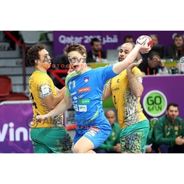 Jure Dolenec of Slovenia in action at Preliminary Group A match Slovenia-Brazil at Qatar 2015 World Handball championships in Duhail Sport Arena, Doha on January 21, 2015