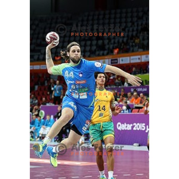 Dean Bombac of Slovenia in action at Preliminary Group A match Slovenia-Brazil at Qatar 2015 World Handball championships in Duhail Sport Arena, Doha on January 21, 2015