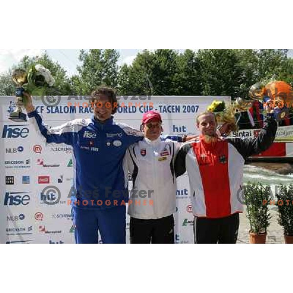 Stevanovic (second), winner Martikan and Bettge (third) in C-1 Final of ICF slalom World Cup race in Tacen, Slovenia on July 8th 2007. Photo by Ales Fevzer 