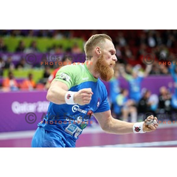 Miha Zvizej of Slovenia in action at Preliminary Group A match Slovenia-Spain at Qatar 2015 World Handball championships in Duhail Sport Arena, Doha on January 23, 2015