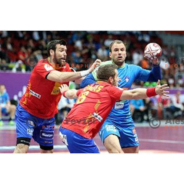 Uros Zorman of Slovenia in action at Preliminary Group A match Slovenia-Spain at Qatar 2015 World Handball championships in Duhail Sport Arena, Doha on January 23, 2015