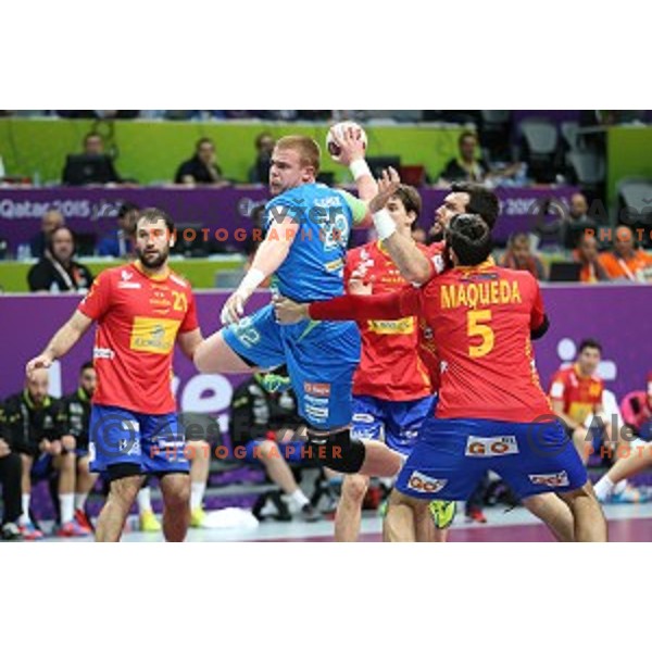 Matej Gaber of Slovenia in action at Preliminary Group A match Slovenia-Spain at Qatar 2015 World Handball championships in Duhail Sport Arena, Doha on January 23, 2015