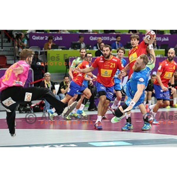 Miha Zvizej of Slovenia in action at Preliminary Group A match Slovenia-Spain at Qatar 2015 World Handball championships in Duhail Sport Arena, Doha on January 23, 2015