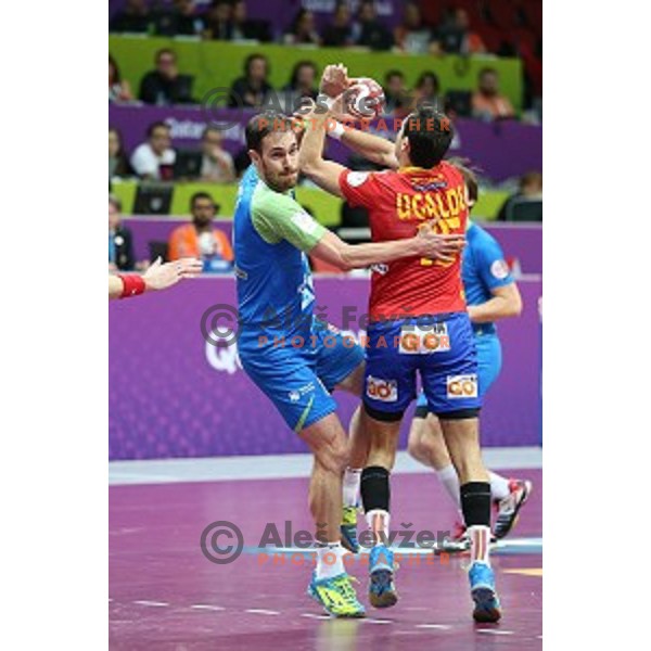 Jure Natek of Slovenia in action at Preliminary Group A match Slovenia-Spain at Qatar 2015 World Handball championships in Duhail Sport Arena, Doha on January 23, 2015