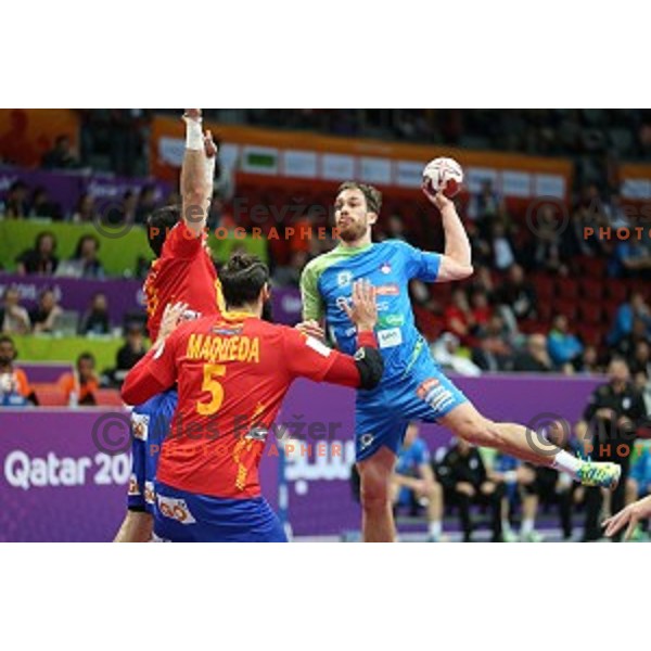 Jure Natek of Slovenia in action at Preliminary Group A match Slovenia-Spain at Qatar 2015 World Handball championships in Duhail Sport Arena, Doha on January 23, 2015