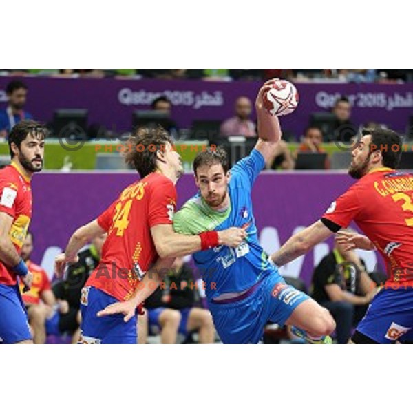 Jure Natek of Slovenia in action at Preliminary Group A match Slovenia-Spain at Qatar 2015 World Handball championships in Duhail Sport Arena, Doha on January 23, 2015