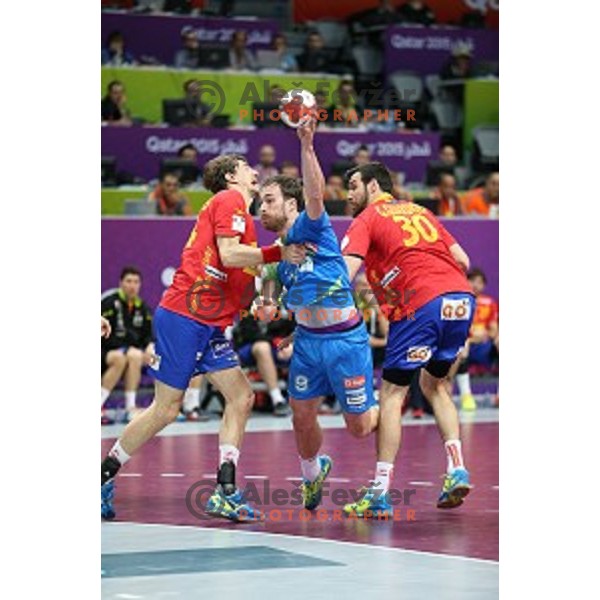 Jure Natek of Slovenia in action at Preliminary Group A match Slovenia-Spain at Qatar 2015 World Handball championships in Duhail Sport Arena, Doha on January 23, 2015