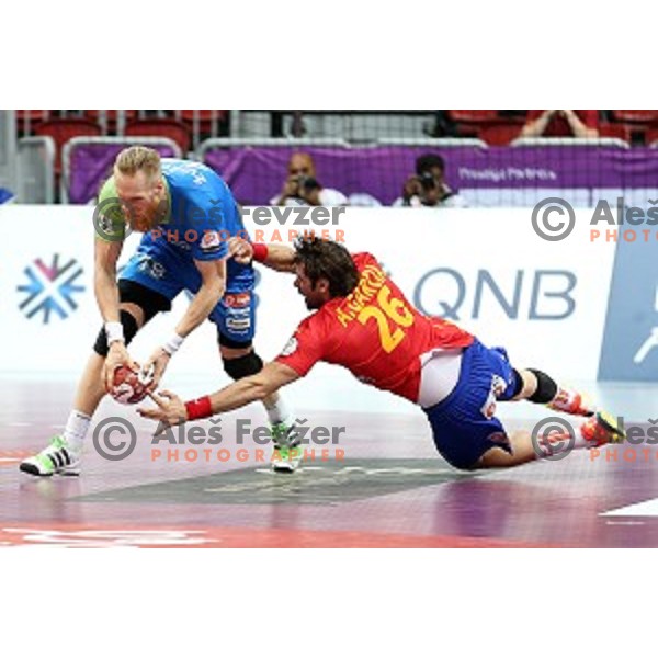 Miha Zvizej of Slovenia in action at Preliminary Group A match Slovenia-Spain at Qatar 2015 World Handball championships in Duhail Sport Arena, Doha on January 23, 2015