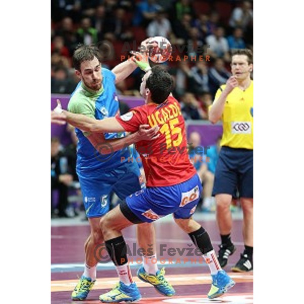 Jure Natek of Slovenia in action at Preliminary Group A match Slovenia-Spain at Qatar 2015 World Handball championships in Duhail Sport Arena, Doha on January 23, 2015