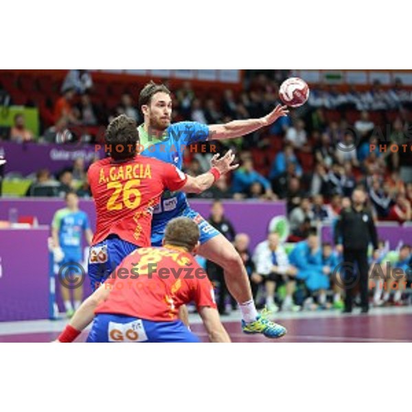 Jure Natek of Slovenia in action at Preliminary Group A match Slovenia-Spain at Qatar 2015 World Handball championships in Duhail Sport Arena, Doha on January 23, 2015