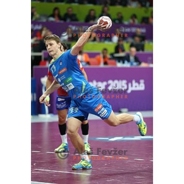 Jure Dolenec in action at Preliminary Group A match Slovenia-Spain at Qatar 2015 World Handball championships in Duhail Sport Arena, Doha on January 23, 2015