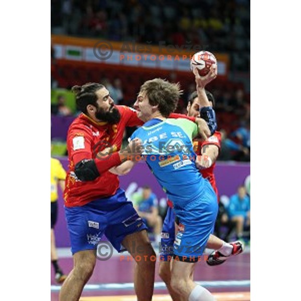 Sebastjan Skube of Slovenia in action at Preliminary Group A match Slovenia-Spain at Qatar 2015 World Handball championships in Duhail Sport Arena, Doha on January 23, 2015