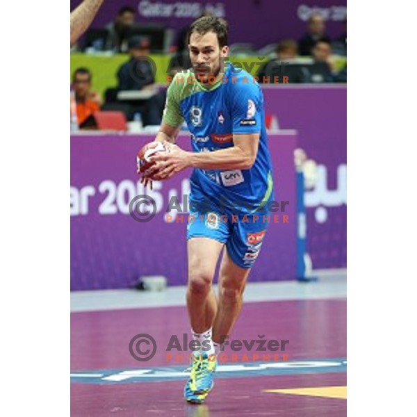 Jure Natek of Slovenia in action at Preliminary Group A match Slovenia-Spain at Qatar 2015 World Handball championships in Duhail Sport Arena, Doha on January 23, 2015