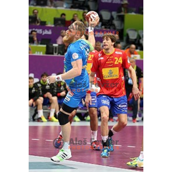 Miha Zvizej of Slovenia in action at Preliminary Group A match Slovenia-Spain at Qatar 2015 World Handball championships in Duhail Sport Arena, Doha on January 23, 2015