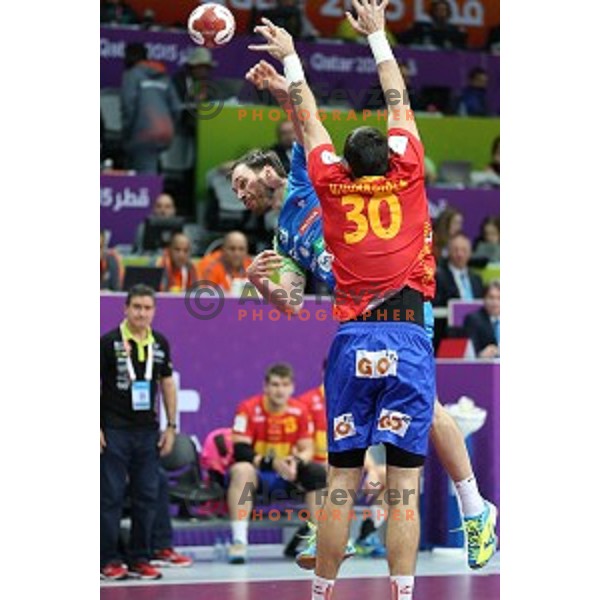 Jure Natek of Slovenia in action at Preliminary Group A match Slovenia-Spain at Qatar 2015 World Handball championships in Duhail Sport Arena, Doha on January 23, 2015