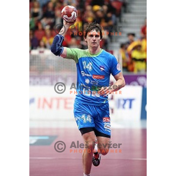 Sebastjan Skube of Slovenia in action at Preliminary Group A match Slovenia-Spain at Qatar 2015 World Handball championships in Duhail Sport Arena, Doha on January 23, 2015