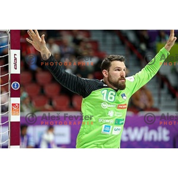 Primoz Prost of Slovenia in action at Preliminary Group A match Slovenia-Spain at Qatar 2015 World Handball championships in Duhail Sport Arena, Doha on January 23, 2015