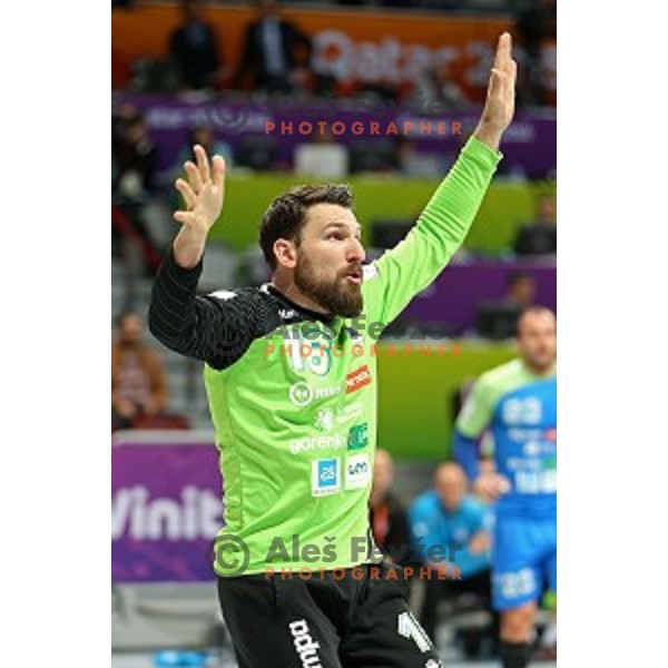 Primoz Prost of Slovenia in action at Preliminary Group A match Slovenia-Spain at Qatar 2015 World Handball championships in Duhail Sport Arena, Doha on January 23, 2015