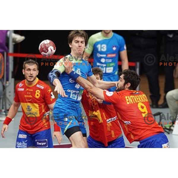 Sebastjan Skube of Slovenia in action at Preliminary Group A match Slovenia-Spain at Qatar 2015 World Handball championships in Duhail Sport Arena, Doha on January 23, 2015