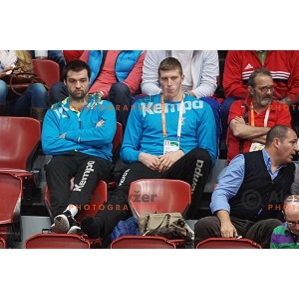 Klemen Cehta and Blaz Bogatinsek watch action at Preliminary Group A match Slovenia-Spain at Qatar 2015 World Handball championships in Duhail Sport Arena, Doha on January 23, 2015