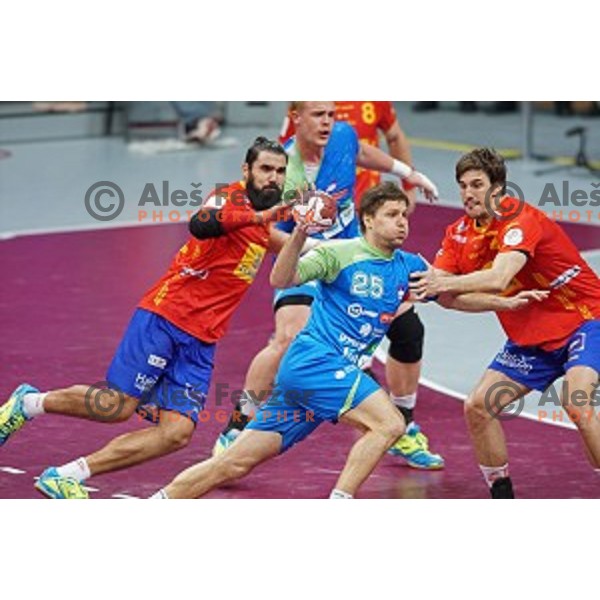 Marko Bezjak of Slovenia in action at Preliminary Group A match Slovenia-Spain at Qatar 2015 World Handball championships in Duhail Sport Arena, Doha on January 23, 2015