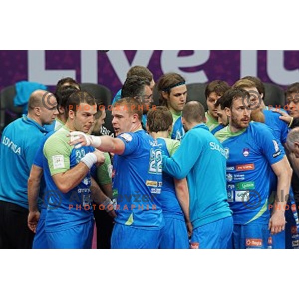 Uros Bundalo, Matej Gaber, Jure Natek at Preliminary Group A match Slovenia-Spain at Qatar 2015 World Handball championships in Duhail Sport Arena, Doha on January 23, 2015