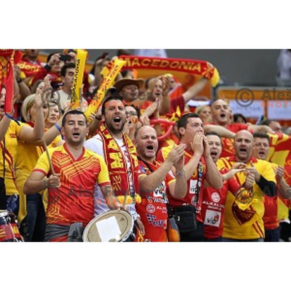 Fans of Macedonia in action during eight-final match Slovenia-Macedonia at Qatar 2015 World Handball championships in Al Saad Sport Arena, Doha on January 25, 2015