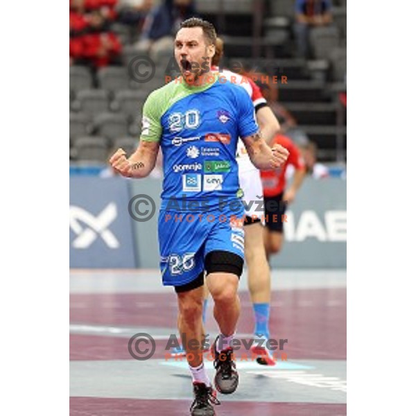 Luka Zvizej of Slovenia in action during eight-final match Slovenia-Macedonia at Qatar 2015 World Handball championships in Al Saad Sport Arena, Doha on January 25, 2015