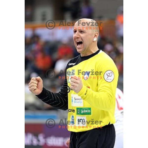 Gorazd Skof of Slovenia in action during eight-final match Slovenia-Macedonia at Qatar 2015 World Handball championships in Al Saad Sport Arena, Doha on January 25, 2015