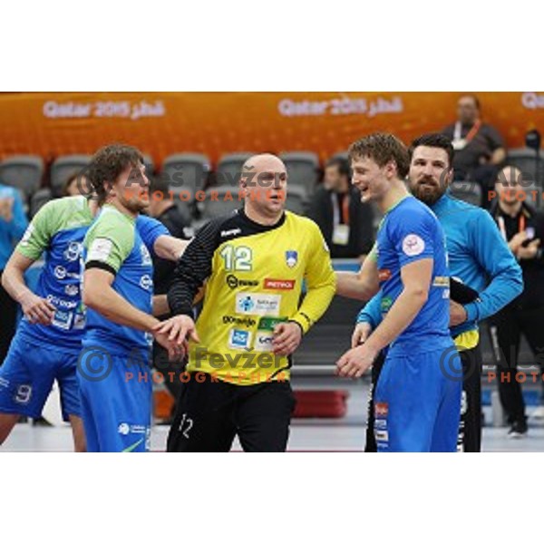 Marko Bezjak,Gorazd Skof,Jure Dolenec, Primoz Prost of Slovenia in action during eight-final match Slovenia-Macedonia at Qatar 2015 World Handball championships in Al Saad Sport Arena, Doha on January 25, 2015