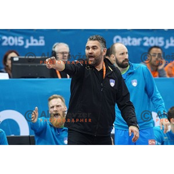 Boris Denic, head coach of Slovenia in action during eight-final match Slovenia-Macedonia at Qatar 2015 World Handball championships in Al Saad Sport Arena, Doha on January 25, 2015