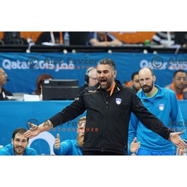 Boris Denic, head coach of Slovenia in action during eight-final match Slovenia-Macedonia at Qatar 2015 World Handball championships in Al Saad Sport Arena, Doha on January 25, 2015