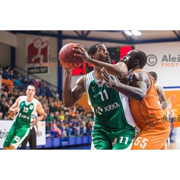 Majok Majok Maker of Helios Suns and ChristopherMonroe Booker of Krka in action during basketball match of 16th round of Telemach league in Season 2014/15 between Helios Suns and Krka, played in Dvorana Komunalnega centra, Domzale, Slovenia, on January 27, 2015