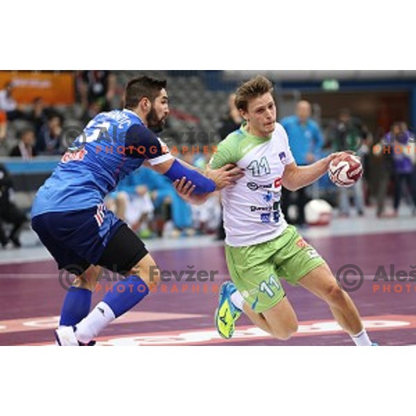 Jure Dolenec of Slovenia in action during quarter-final match Slovenia-France at Qatar 2015 World Handball championships in Al Sadd Sport Arena, Doha on January 28, 2015