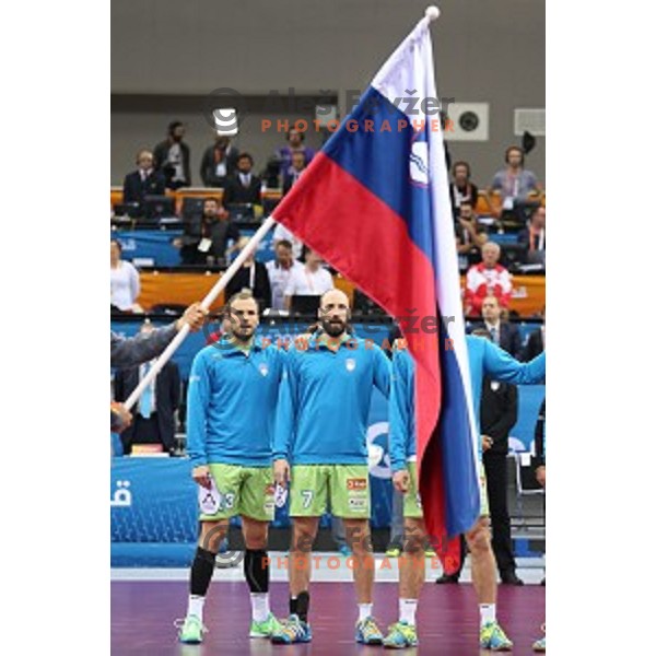 Uros Zorman, Vid Kavticnik before quarter-final match Slovenia-France at Qatar 2015 World Handball championships in Al Sadd Sport Arena, Doha on January 28, 2015