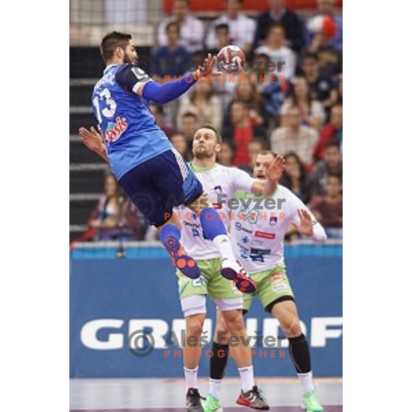 Nikola Karabatic of France and Luka Zvizej in action during quarter-final match Slovenia-France at Qatar 2015 World Handball championships in Al Sadd Sport Arena, Doha on January 28, 2015