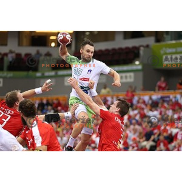 Luka Zvizej of Slovenia in action during placement match 5-8 between Slovenia and Denmark at Qatar 2015 World Handball championships in Al Sadd Sport Arena, Doha on January 30, 2015