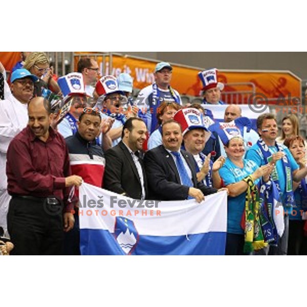 Fans of Slovenia in action during placement match 5-8 between Slovenia and Denmark at Qatar 2015 World Handball championships in Al Sadd Sport Arena, Doha on January 30, 2015