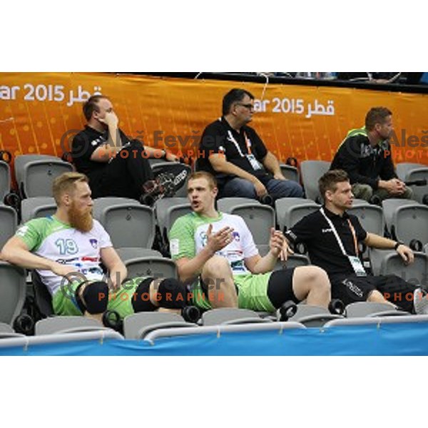 Miha Zvizej, Matej Gaber of Slovenia in action during placement match 5-8 between Slovenia and Denmark at Qatar 2015 World Handball championships in Al Sadd Sport Arena, Doha on January 30, 2015