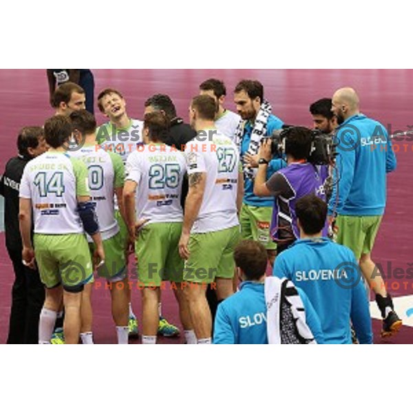 Jure Dolenec of Slovenia in action during placement match 5-8 between Slovenia and Denmark at Qatar 2015 World Handball championships in Al Sadd Sport Arena, Doha on January 30, 2015