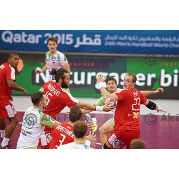 of Slovenia in action during placement match 5-8 between Slovenia and Denmark at Qatar 2015 World Handball championships in Al Sadd Sport Arena, Doha on January 30, 2015