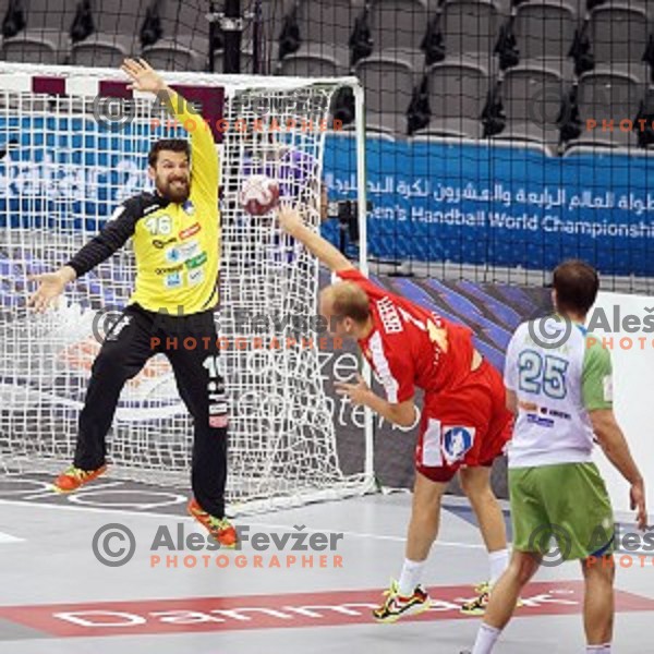 Primoz Prost of Slovenia in action during placement match 5-8 between Slovenia and Denmark at Qatar 2015 World Handball championships in Al Sadd Sport Arena, Doha on January 30, 2015