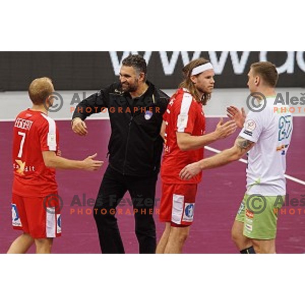 Boris Denic, head coach of Slovenia, Mikel Hansen, Miladin Kozlina after placement match 5-8 between Slovenia and Denmark at Qatar 2015 World Handball championships in Al Sadd Sport Arena, Doha on January 30, 2015