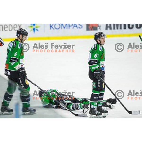 Bostjan Groznik, Gregor Koblar and Luka Kalan of Olimpija in action during ice hockey match of Ice Fest, 43th round of EBEL League in Season 2014/15 between HDD Telemach Olimpija and EC Red Bull Salzburg, played in Tivoli Hall, Ljubljana, Slovenia, on January 30, 2015
