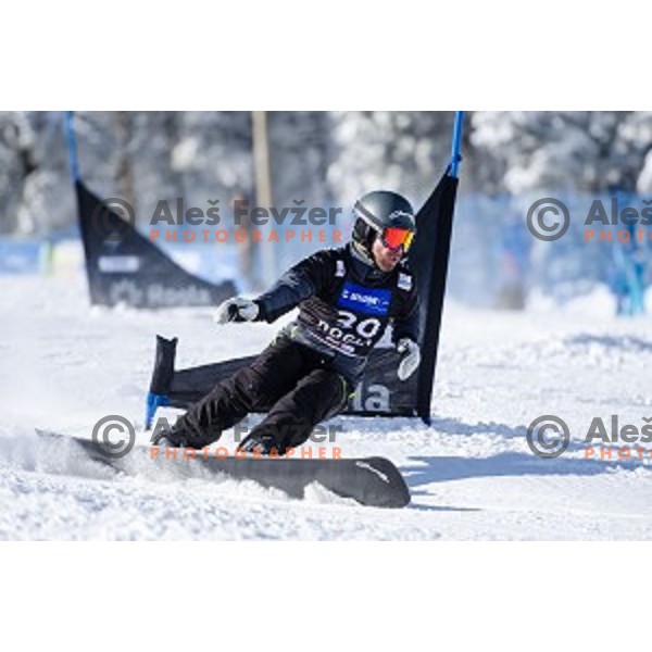 Jure Hafner (SLO) in action during snowboard match of FIS Snowboard WC Parallel Gaint Slalom Rogla 2015, Rogla, Slovenia, on January 31, 2015
