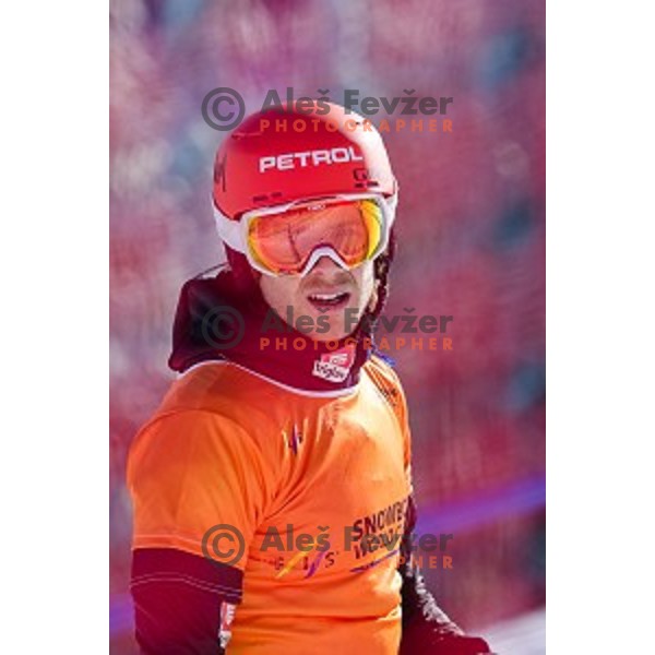 Zan Kosir (SLO) in action during snowboard match of FIS Snowboard WC Parallel Gaint Slalom Rogla 2015, Rogla, Slovenia, on January 31, 2015