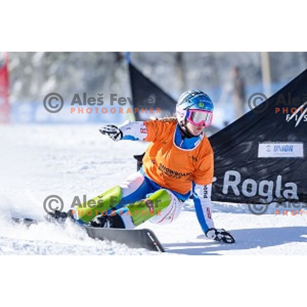 Marion Kreiner (AUT) in action during snowboard match of FIS Snowboard WC Parallel Gaint Slalom Rogla 2015, Rogla, Slovenia, on January 31, 2015