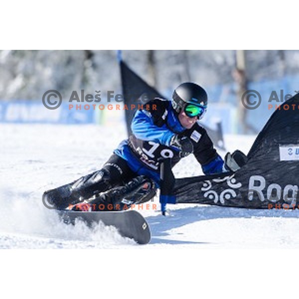 Patrick Bussler (GER) in action during snowboard match of FIS Snowboard WC Parallel Gaint Slalom Rogla 2015, Rogla, Slovenia, on January 31, 2015