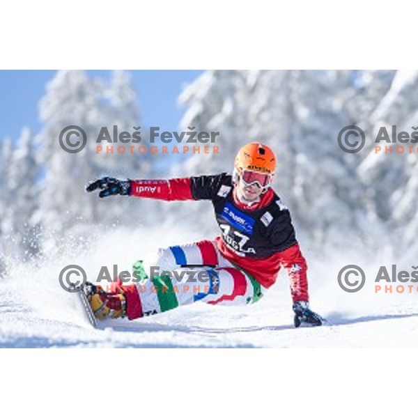 Christop Mick (ITA) in action during snowboard match of FIS Snowboard WC Parallel Gaint Slalom Rogla 2015, Rogla, Slovenia, on January 31, 2015